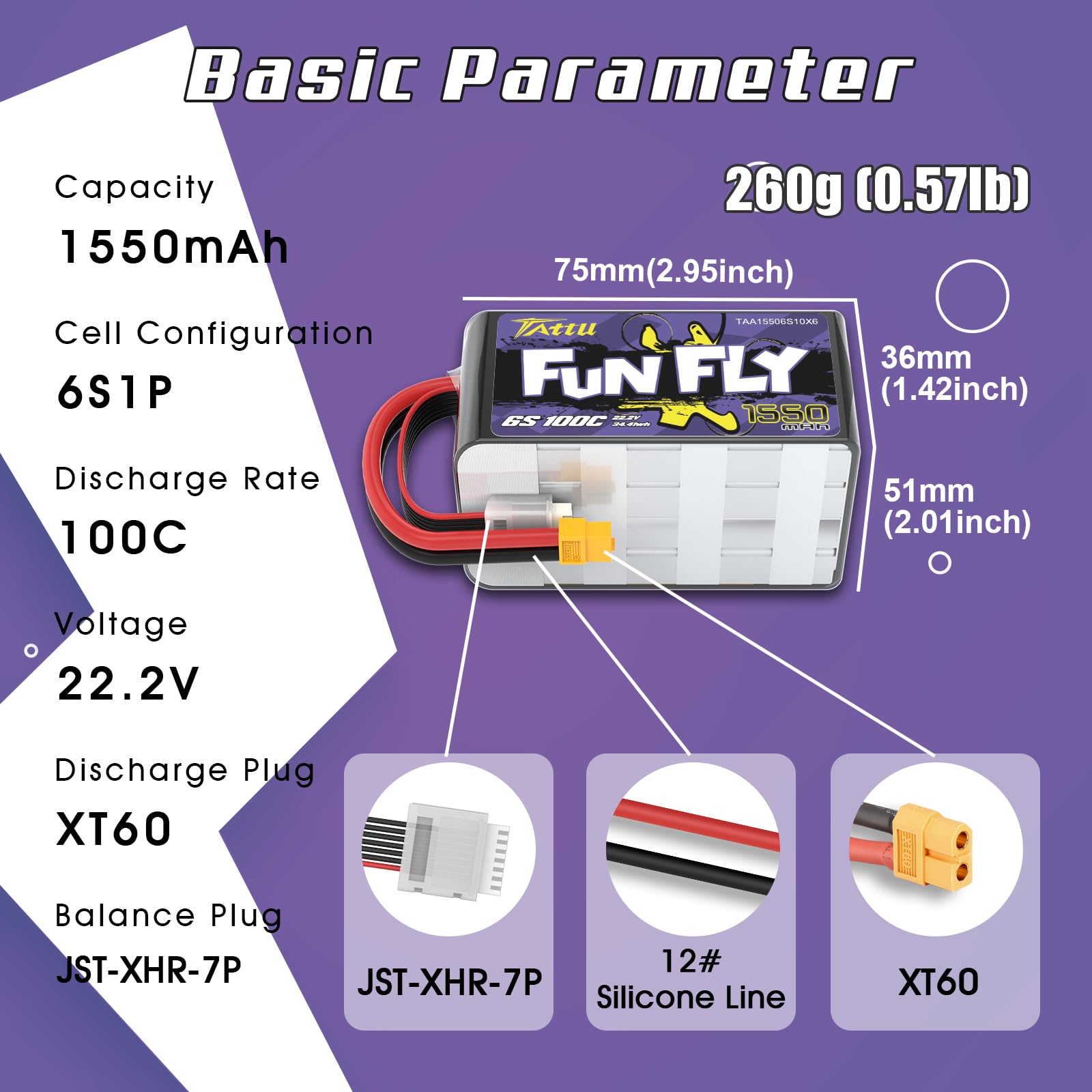 Tattu 6S lipo 1550 mAh 22,2 V 100C Funfly Lipo akumulator z wtyczką XT60 do drona UAV FPV Quadcopters