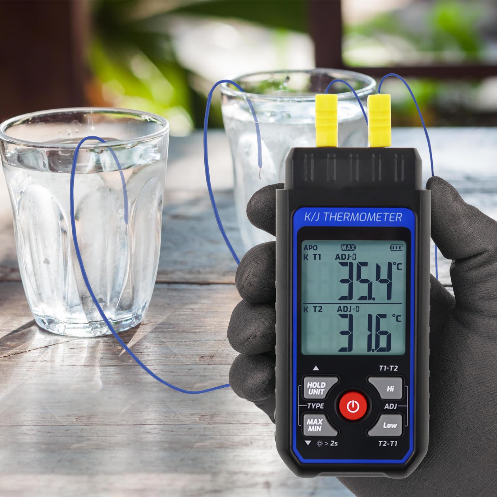 Termometro digitale a doppio canale tipo K/J con 4 termocoppie, campo -328~2501℉, strumento di misurazione temperatura HVAC con allarme