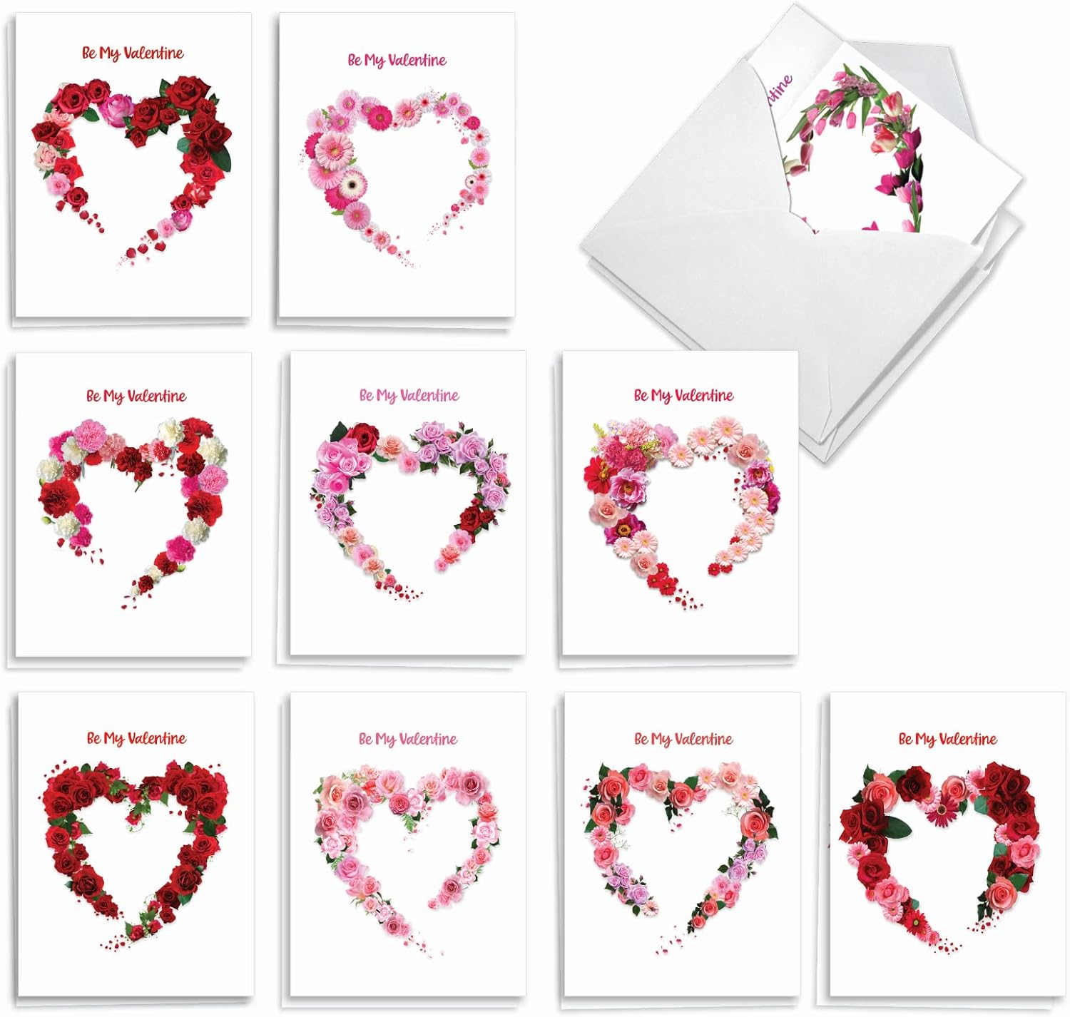 The Best Card Company - 20 Assorted Valentine's Day Cards Bulk (4 x 5.12 Inch) - Boxed Greetings (10 Designs, 2 Each) - Heart Blooms AM3180VDG-B2x10