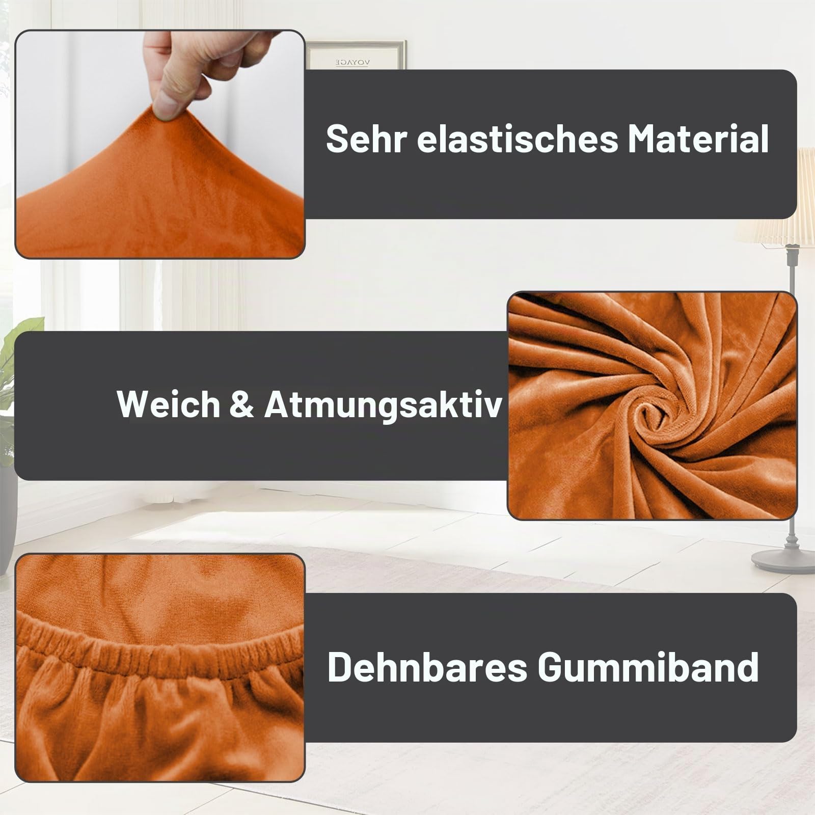 3-Teilig Samt Ohrensessel Überwurf mit Fußhockerbezug (ohne Stuhl), Stretch Samt Sesselhusse, Elastischer Schonbezug Stuhlbezug Hohe Rückenlehne für Sessel, Waschbar (Apricot Orange)