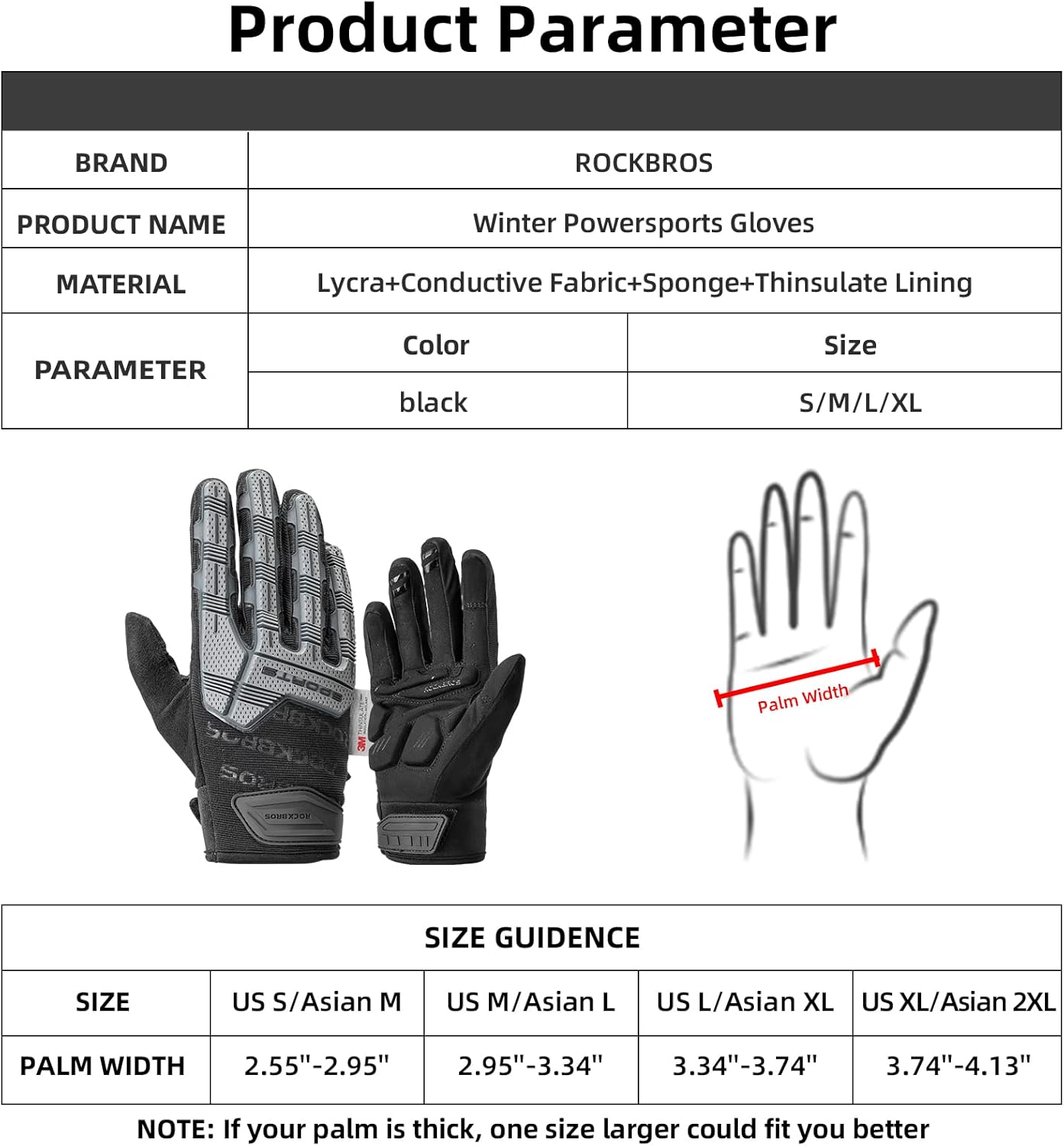 ROCKBROS Motorcycle Gloves Mountain Bike Gloves Thermal Touchscreen for Men Women Full Finger Windproof with 6MM Gel Pad Palm Padding MTB Gloves for Dirt Bike, Climbing, Racing,Skiing,Work