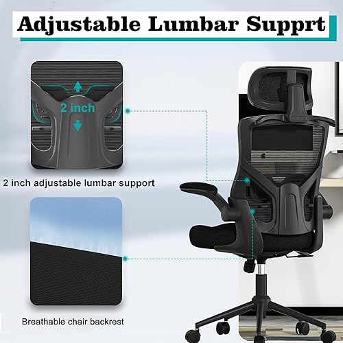 Miniatura 6 de FOKESUN Silla de oficina ergonómica, respaldo alto, sillas de computadora con colgador y soporte lumbar, reposabrazos abatible, reposacabezas