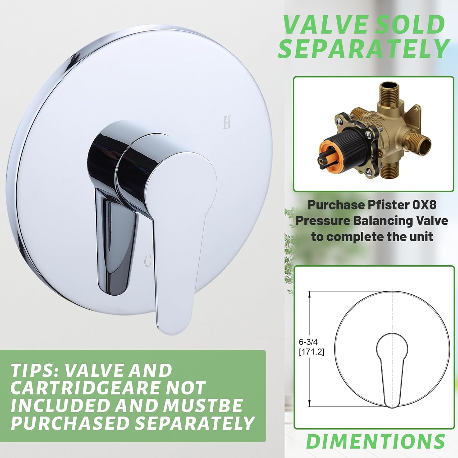 Replacement for Pfister R890400 Pfirst Modern Valve Trim, Shower Replacement Kit Compatible with Pfister 0X8 Series, Single-Handle Valve Tub Shower Trim Kit (Chrome)