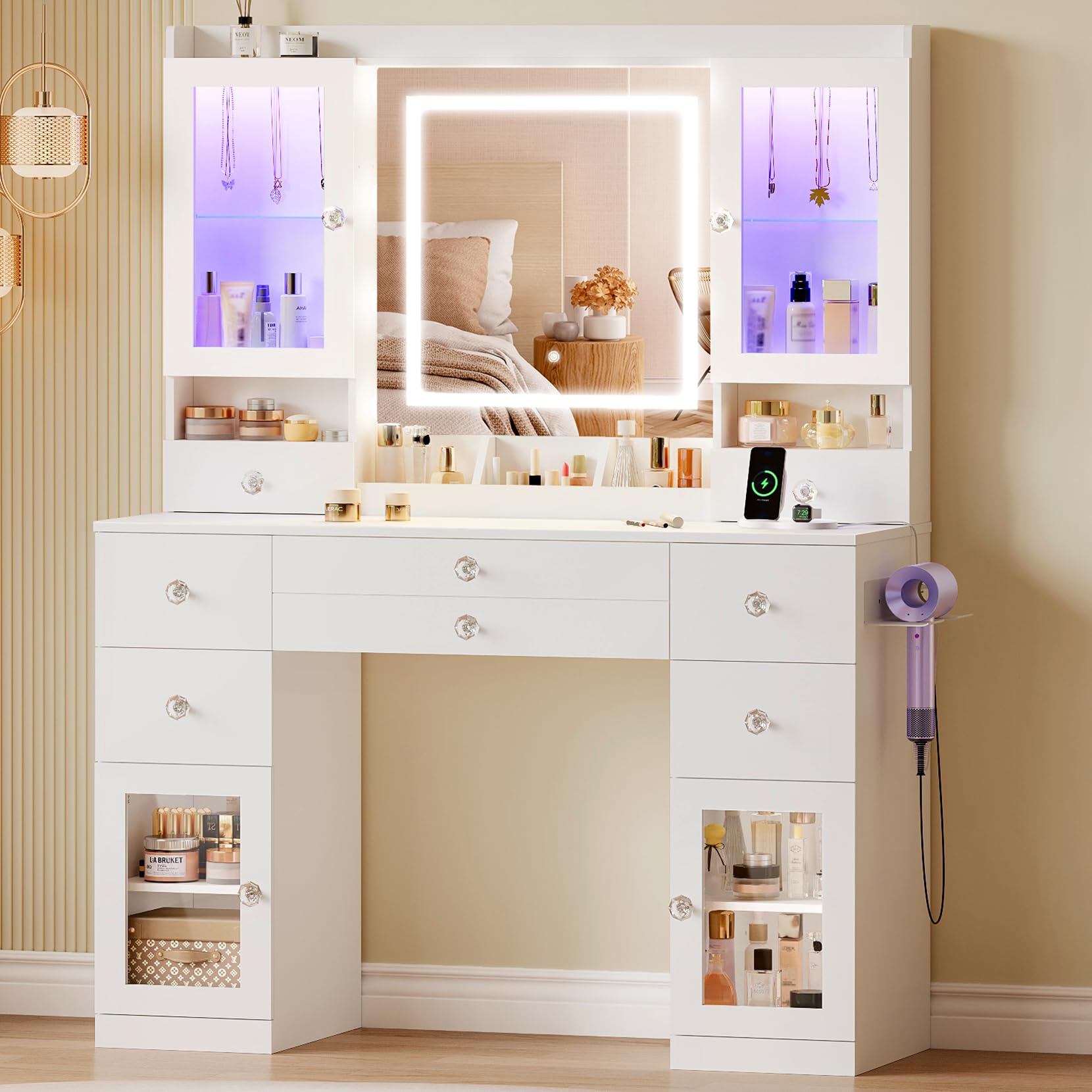 Dripex Dressing Table, Vanity Desk with LED Lights Mirror and Power Outlet, Adjustable Brightness, Makeup Desk with 4 Show Cabinets, 7 Drawers, 5 Open Storage Areas and Hairdryer Holder, for Bedroom