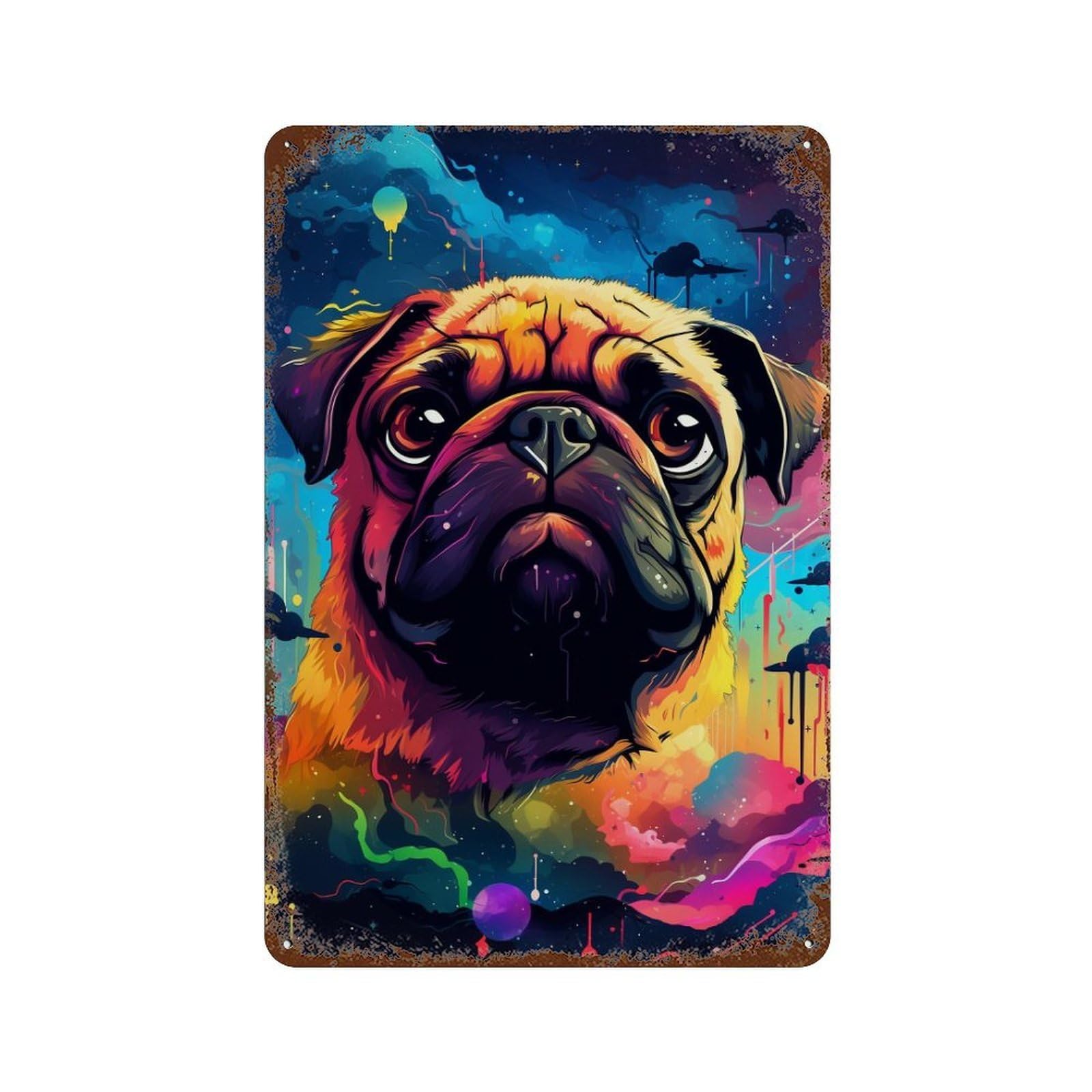 Weathered Tin Sign Colorful Pug Portrait 11.8"x7.9", Novelty Wall Decor for Basement, Hobby Room And Garage Decor