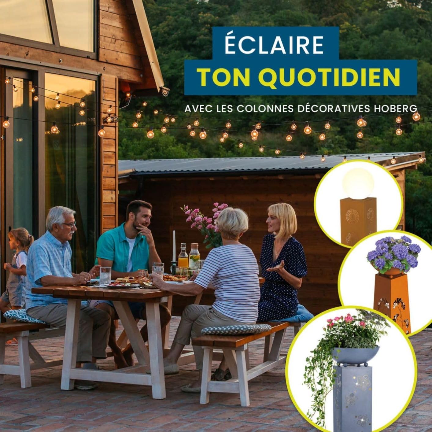 Hoberg Colonne de plantes LED | Design phare | Aspect rouille | Convient pour l'intérieur et l'extérieur | Eclairage LED | Minuterie 6h | Sans fil | Avec bac à plantes | Hauteur env. 80cm