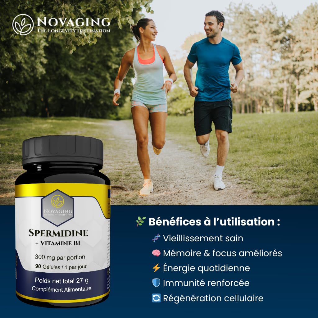 Spermidine 6 mg + Vitamine B1, Régulation cellulaire. 90 Gélules Vegan | NovAging© Haute qualité. 3 mois de cure. Précisement dosé. Testé sans Gluten, OGM ni allergènes.