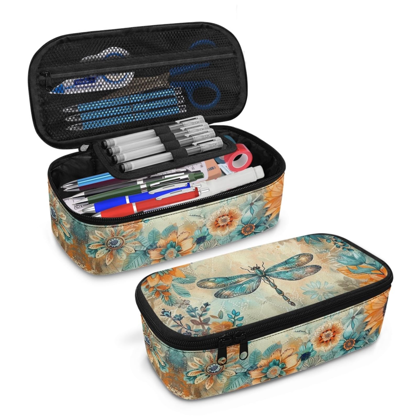 Dragonfly Flower Girls Pencil Case for Women Aesthetic Pencil Pouch Large Storage,Pencil Container for Elementary Kids Children Pencil Bag for Boys Adults Men Box Pencil Handbag