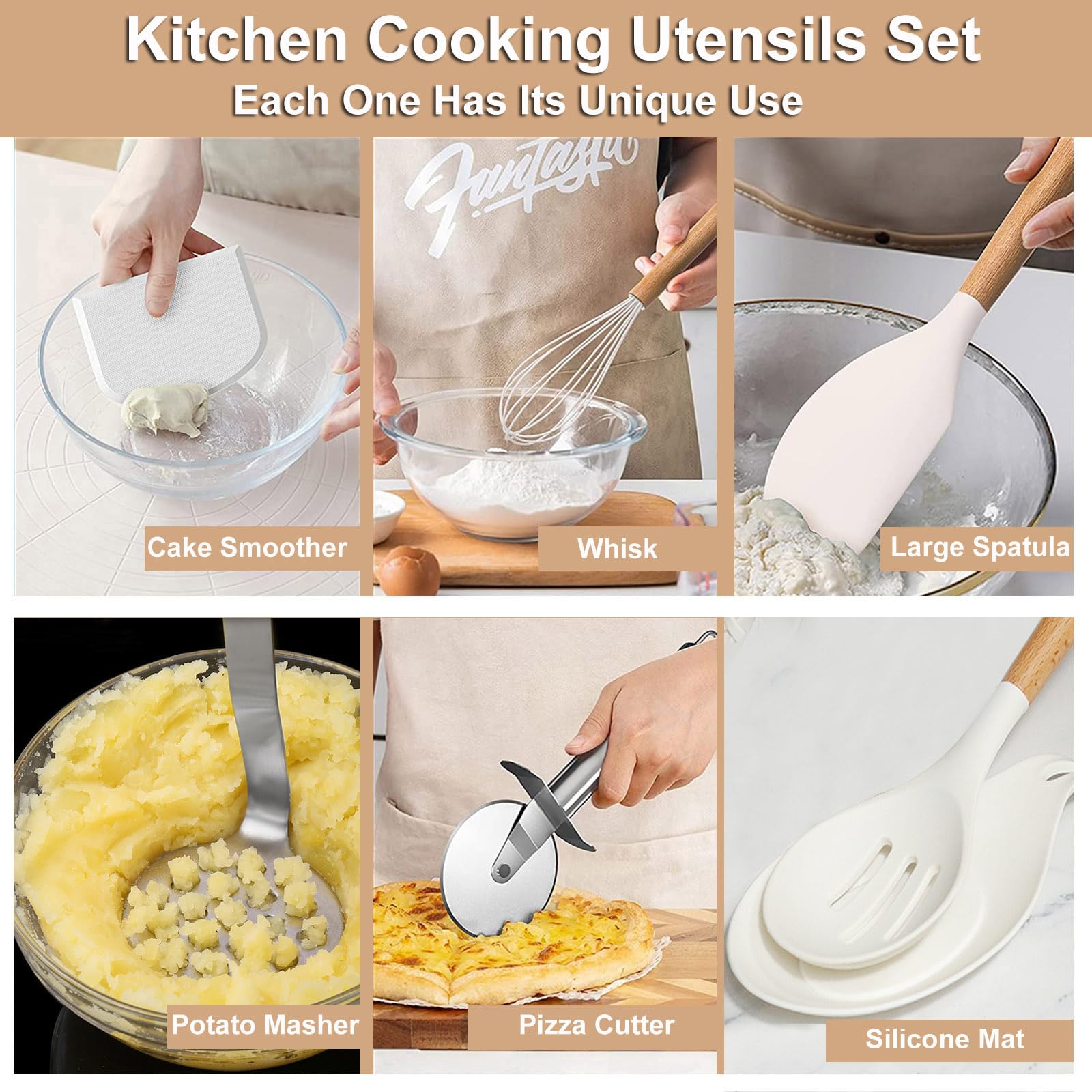 Silikon-Küchenutensilien-Set, 46-teiliges Silikon-Küchen-Kochutensilien-Set, Silikon-Pfannenwender-Set mit Halterung zum Kochen von antihaftbeschichteten Küchengeräten,Weiß