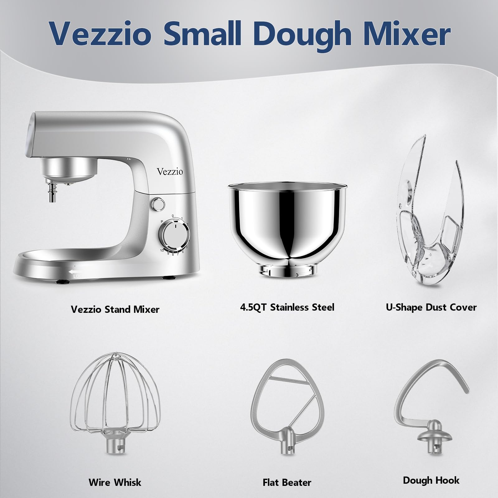 Vezzio Impastatrice Planetaria, 4.5L Robot da Cucina Multifunzione, 10 Velocità Leggero Impastatrice Pizza con Uncino Impastatore, Mescolatore, Frusta Sbattitric(Argento)