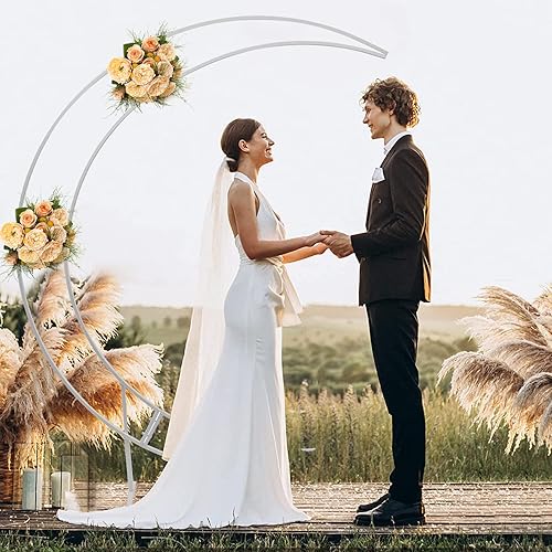 Miniatura 6 de Soporte de arco de boda de luna creciente, arco de boda de acero al carbono, marco de globo de flores curvadas con base rectangular para bodas,