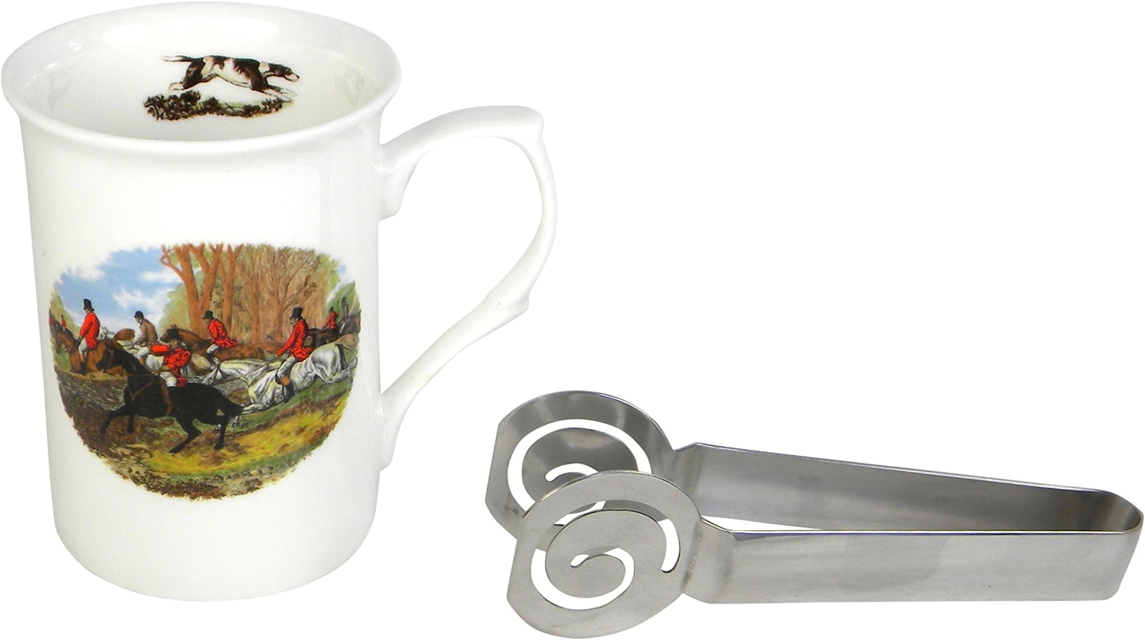 Adderley Fine Bone China Hunting Scene Coffee or Tea Mug and Stainless Steel Tea Bag Squeezer Tally Ho
