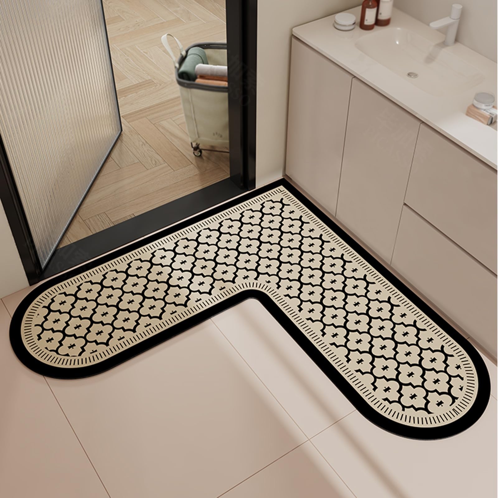 Tappetini Lavabili A Forma Di L Per La Casa, Tappetino Da Bagno In Stile Retrò, Tappeto Da Bagno Angolare, Morbido Assorbente D'acqua, 1 Pz(80 * 80 * 45cm)