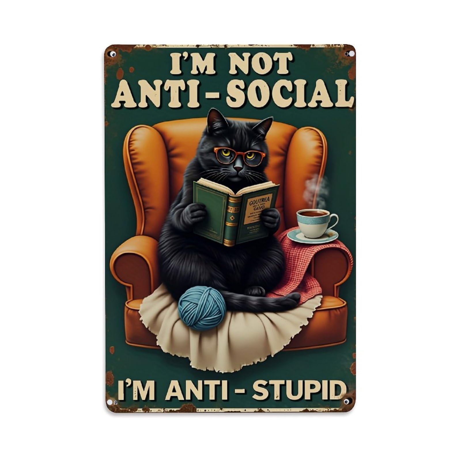 Black Cat Reading Book Armchair Retro Metal Tin Sign, Vintage Metal Poster for home, Gaming Room, Studio Workshop,Bar,Garage Wall Art Decor 8x12 Inch