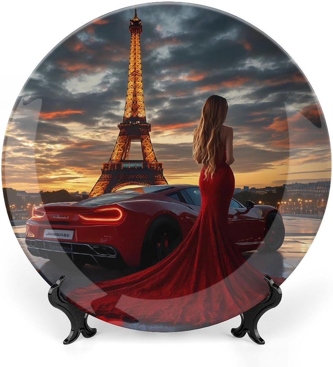 Paris Eiffel Tower Women Bone China Decorative Plate with Stand Home Dessert Plates Gift for Men Women 7inch