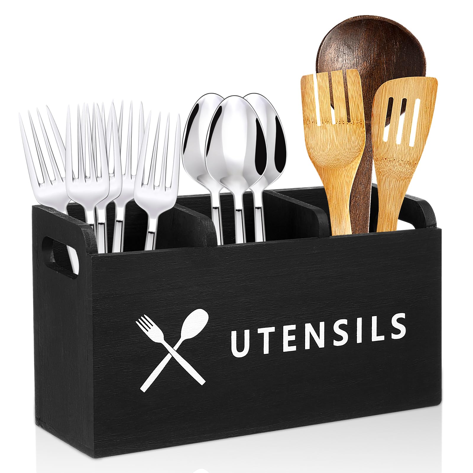 Shaojian Black Large Kitchen Utensils Holder With 3 Compartments Wooden Utensil Organiser With Handles For Kitchen Countertop Farmhouse Decor Silverware Cutlery Holder Cooking Tools Storage(Black)