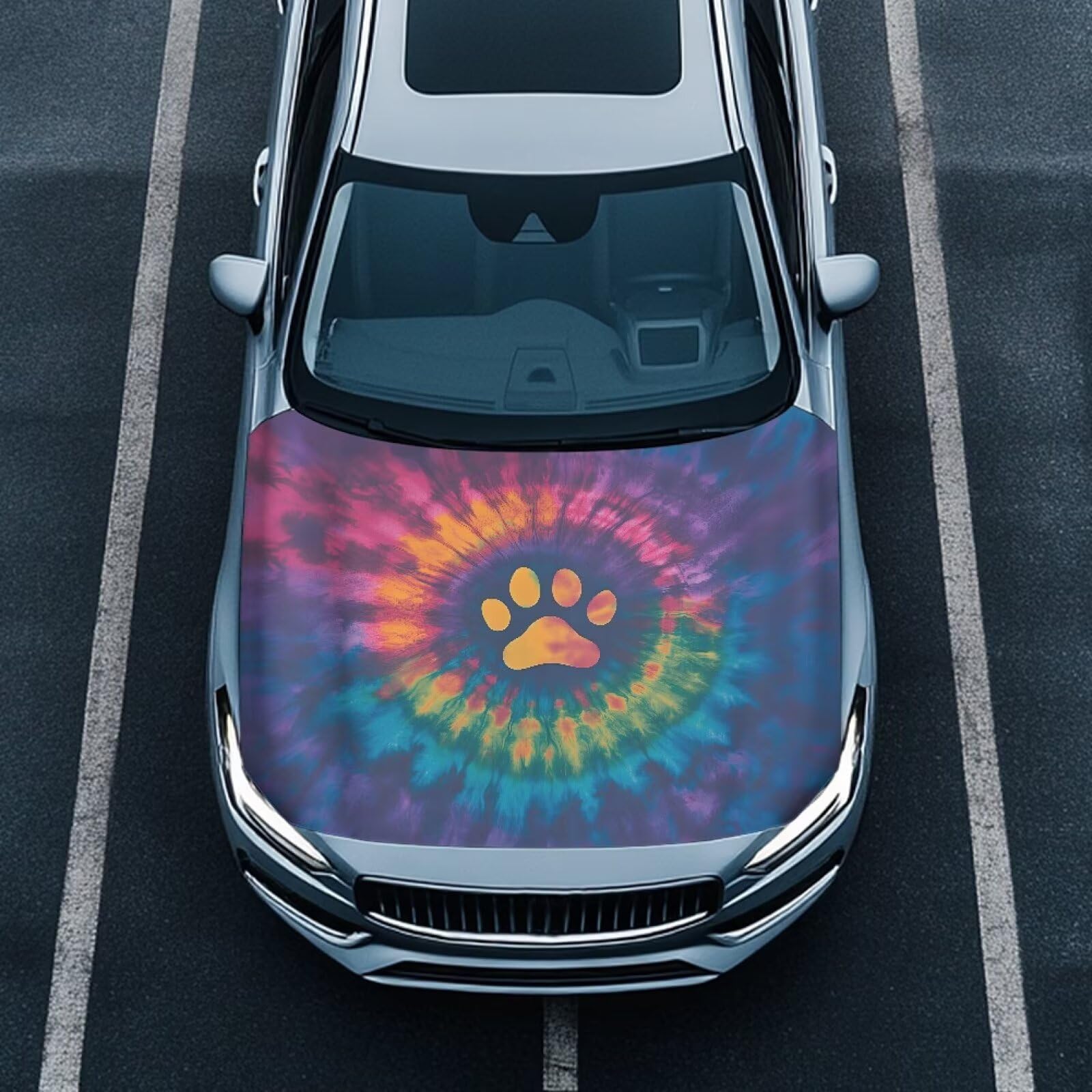 Car Hood Cover, Tie-dye Dog Paw Car Hood Wrap Blankets Waterproof Stretchable Auto Exterior Accessories for Compact Sedans SUV Trucks Van (59×39 Inch)