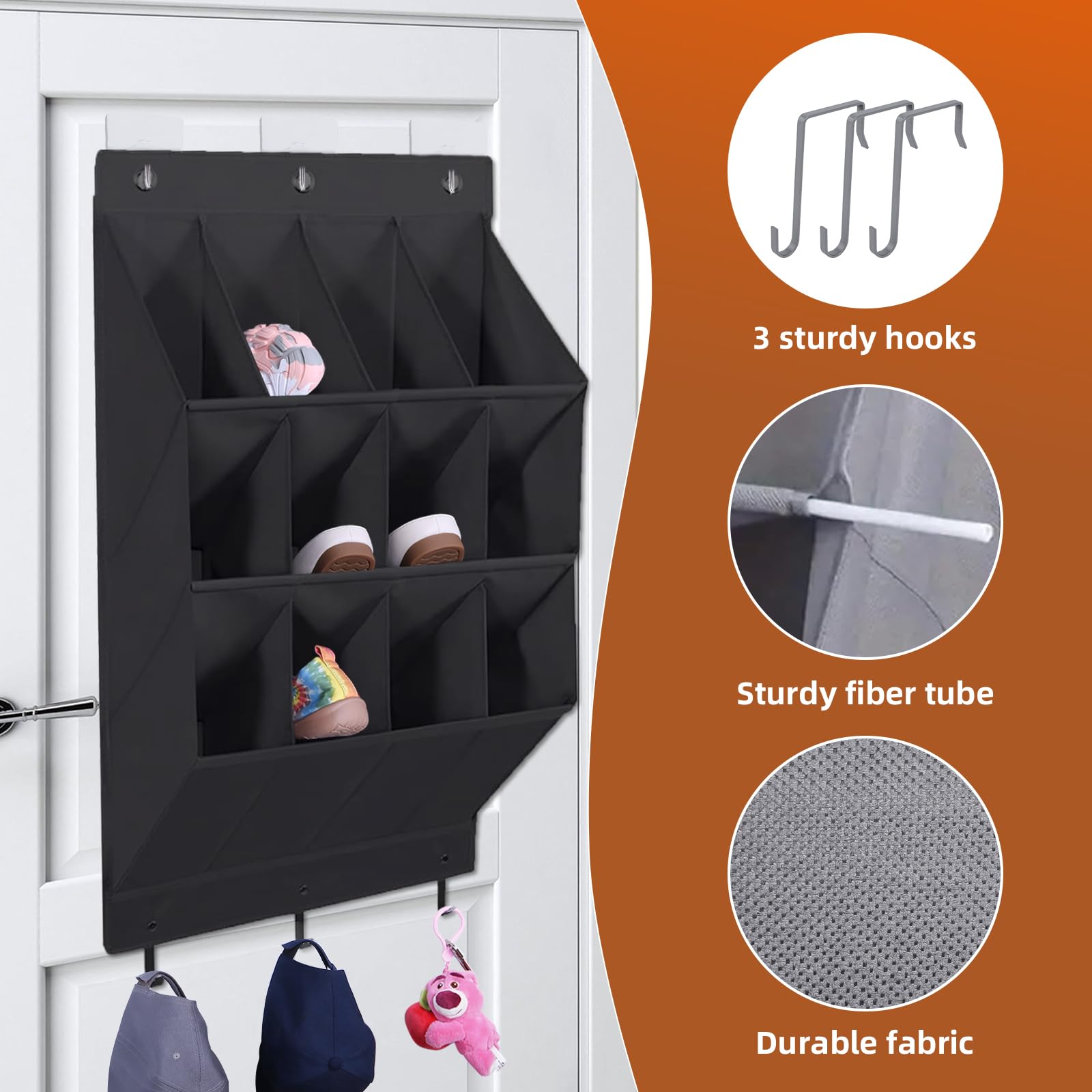 Organizer per scarpe da appendere, con gancio, porta scarpiera con 12 tasche profonde per armadio, organizer da appendere alla porta per campeggio, armadietto, dormitorio e camper, nero