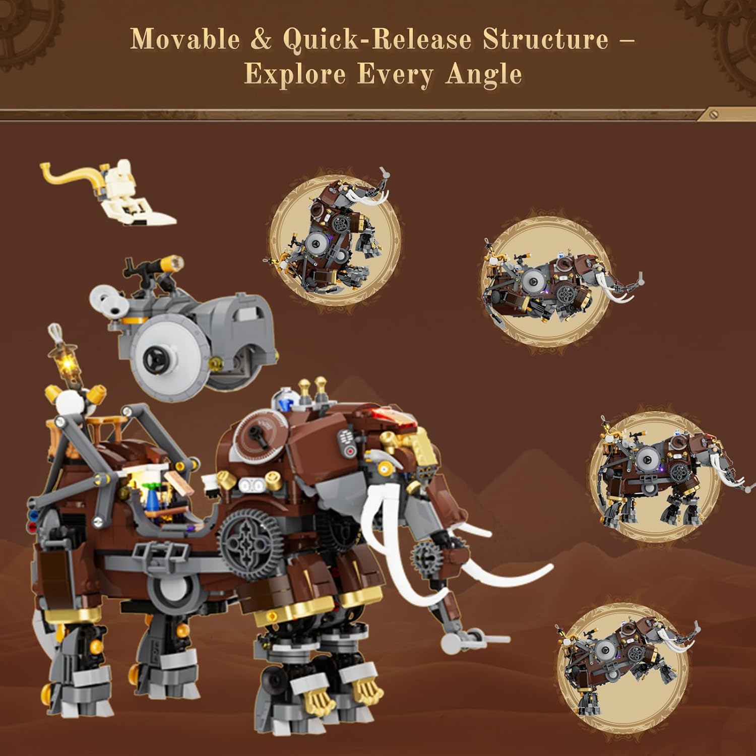 Steampunk Steamphant Lighting Building Bricks Set - Mammoth Model Playset Collection Display kit with Minifigures 1055 Pcs for Adults & Teens & Steampunk Lovers