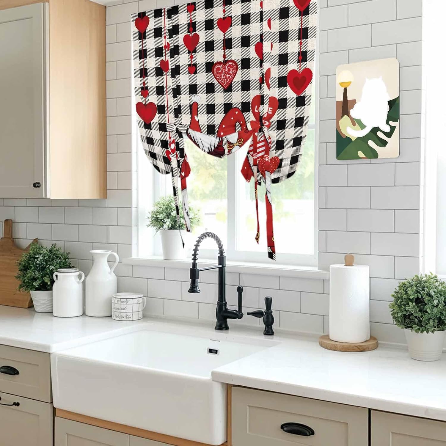 Valentine's Day Tie Up Curtains for Window, Red Gnomes Love Balloon Black White Plaid Thermal Balloon Shade Adjustable Rod Pocket Curtains Valance Panels for Kitchen Bathroom Café 46'' x 63''