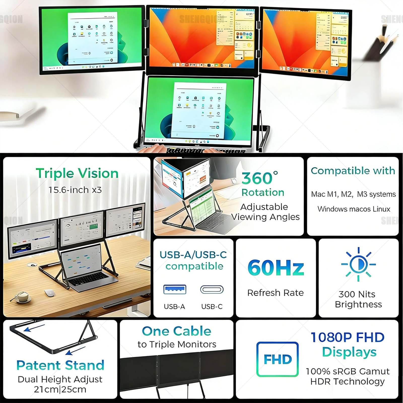 Estensore Monitor Triplo Portatile da 15,6”, Estensore Monitor Triplo 1080P FHD per Laptop, Monitor Portatile per Notebook con Rotazione a 360° e Angoli di Visuale Regolabili