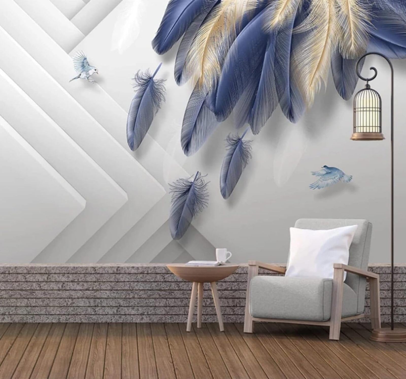 XLMING Minimalist Gold Blue Feathers Birds 3D Wallpaper Luxury Home Dining Decor Paste Sofa Living Room The Wall for Bedroom Mural-200cm×140cm