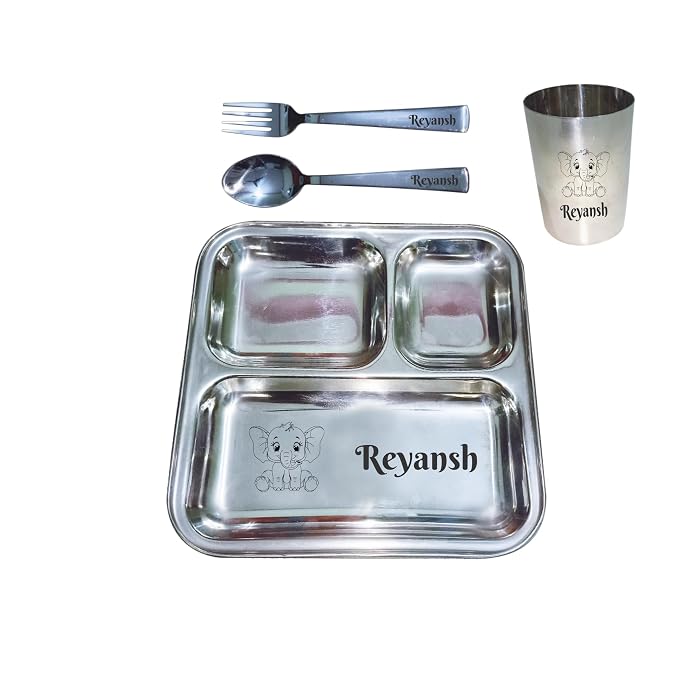 Personalized Stainless Steel 8 inches pavbhaji Plate, Spoon Fork, Glass, Cartoon Printed Dish- Customized Gift for Kids,Boy,Baby Girl- Name & Favorite Character Engraved-3 Compartment