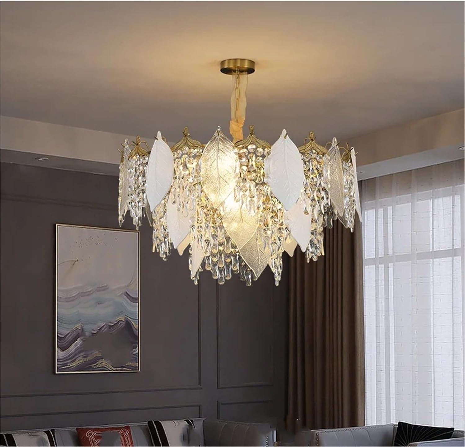 French Crystal Leaf Light Luxury Chandelier Dining Room Modern Living Room Main Duplex Villa Master Bedroom Simple Headlight,for Decoration