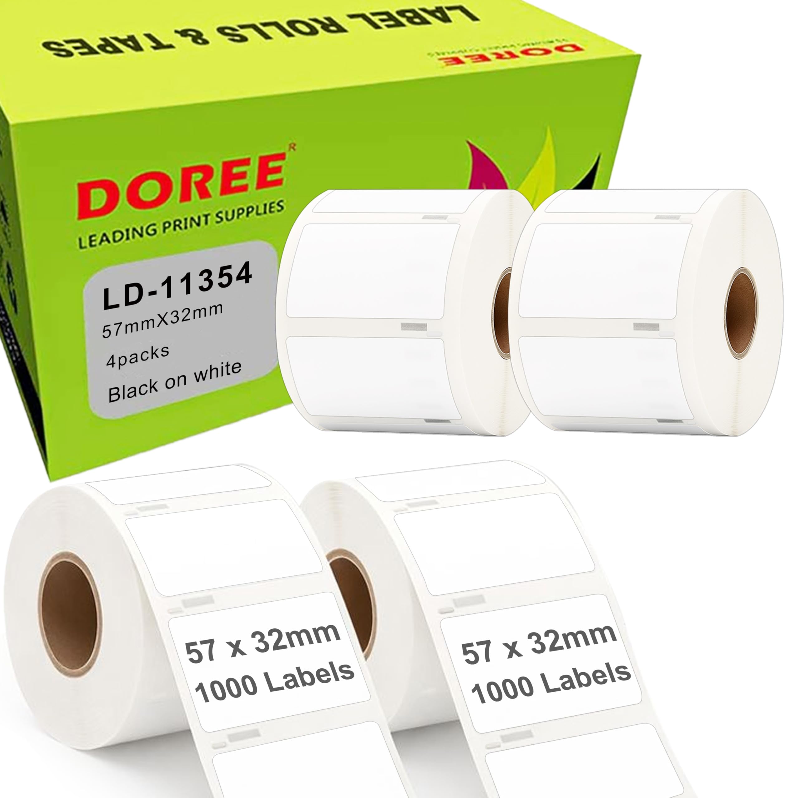 Doree 11354 S0722540 Rotoli di etichette, 57 mm x 32 mm, compatibili con Dymo Labelwriter 4XL 450 400 330 320 310 (1000 etichette per rotolo) 4 rotoli