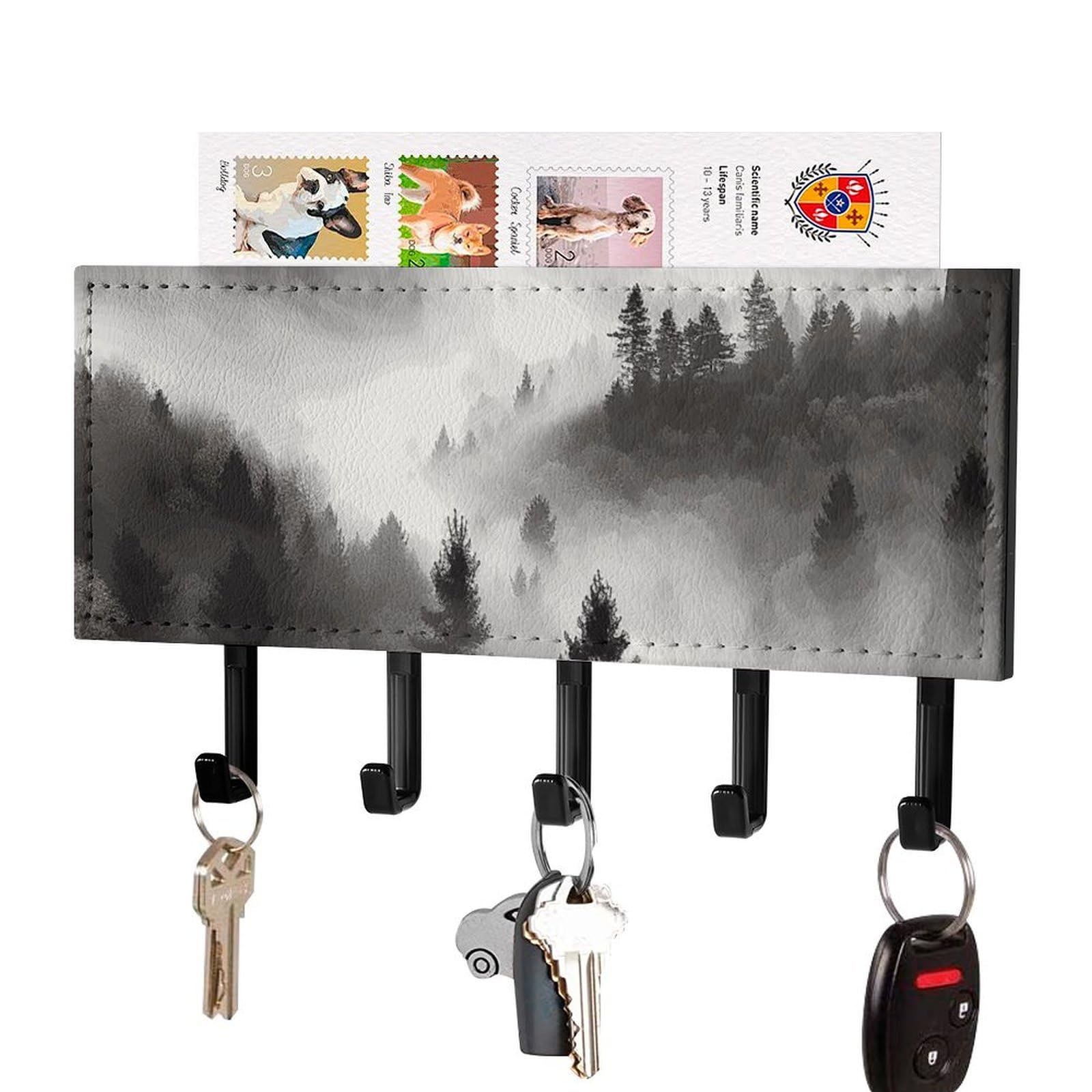 Porte-clés mural adhésif en cuir synthétique noir, rangement décoratif 5 crochets pour entrée