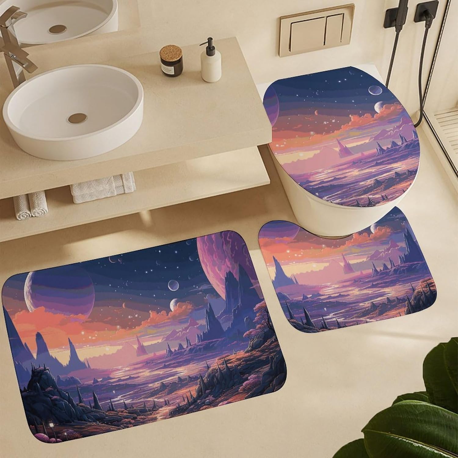 Anti-Skid Floor Mats 3 Piece Set,Colorful Retro Space Theme Printed Coral Fleece Bathroom Mats U-Shaped Contour Mat Toilet Seat Cover for Bathroom, Tub, Shower, Kitchen 19.7"x31.5"