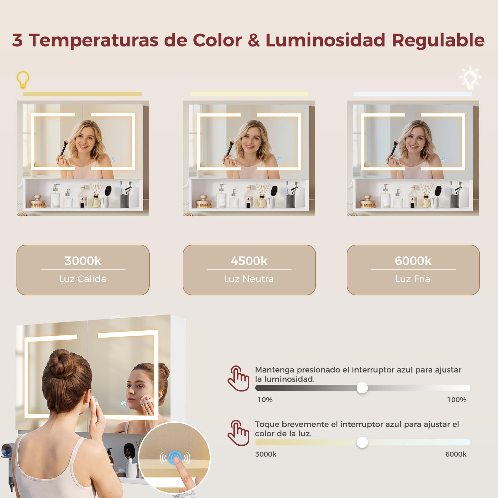 ELUCHANG Armario de Baño, con Espejo y Luz LED, Mueble Espejo de Pared, Armario baño Pared, con Soportes y Ganchos para secador de Pelo, con Interruptor, Luz Fría/Cálida/Natural,60×14×60cm,Blanco