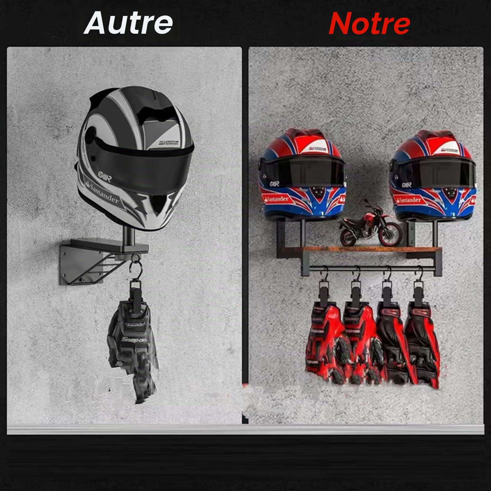 Support mural pour casque moto rétro, porte-casque en bois et métal avec 4 clips de suspension, peut accrocher 2 casquettes – rangement pour veste, gilet tactique