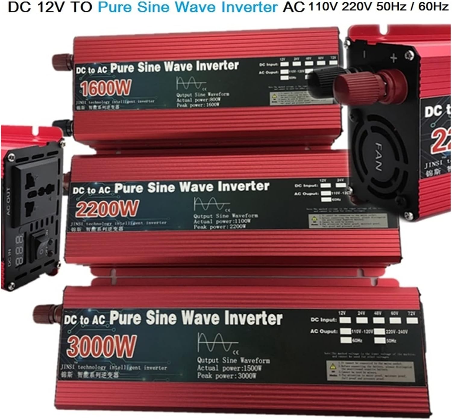 Pure Sine Wave Inverter 12V/24V to AC110V 220V 1000W 2000W 3000W Voltage Transformer Power Converter Solar Inverter LED Display(12V 3000W,220V 230V 60Hz)