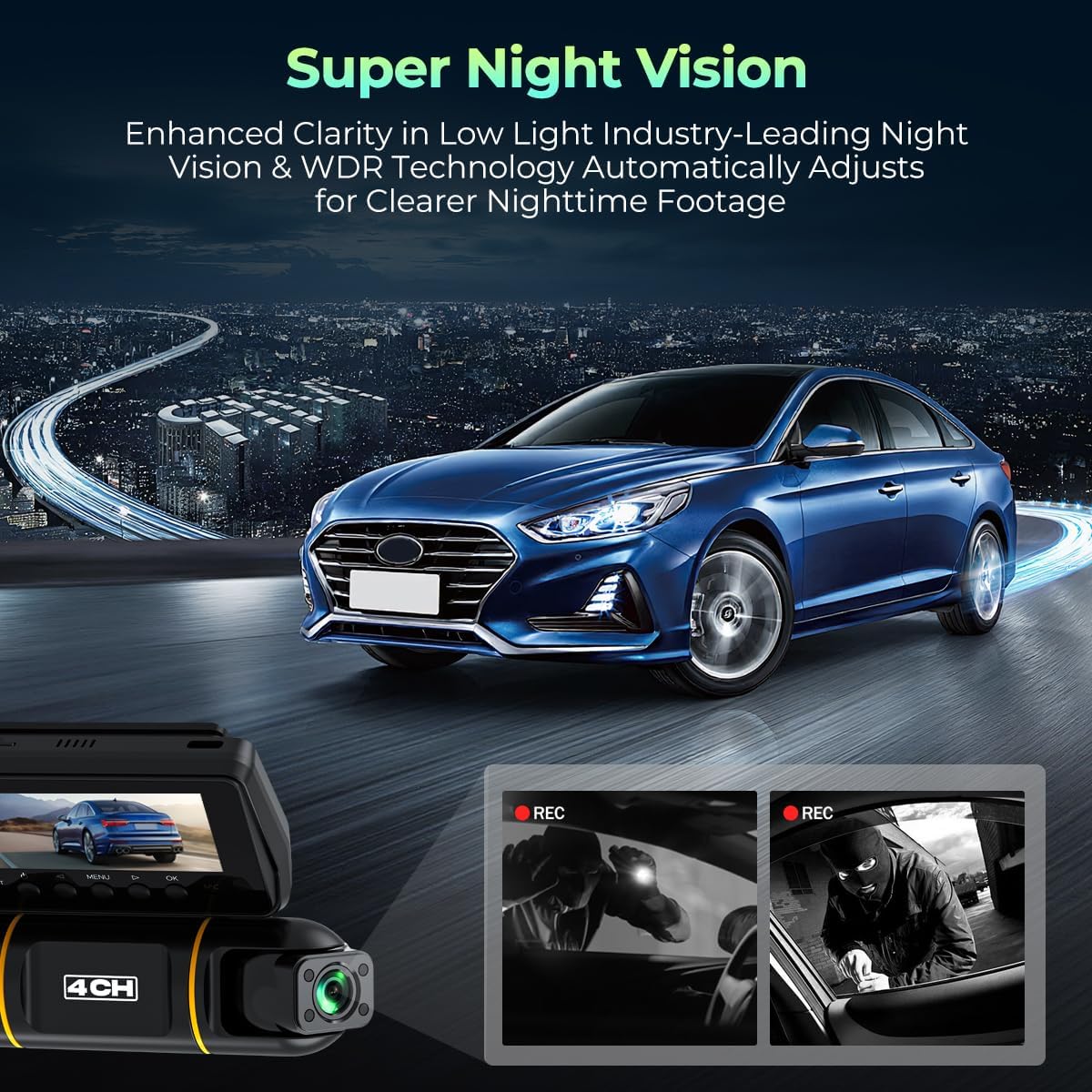 Lamtto Dash Cam with Super Night Vision in a dark environment