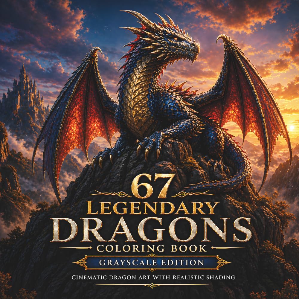 67 Legendary Dragons Coloring Book – Grayscale Edition: Cinematic Fantasy Dragon Art with Realistic Shading for Mindfulness & Creativity