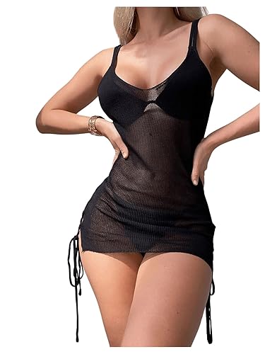 SHENHE Women's Sheer Swimsuit Cover Up Lace Up Tie Side Knit Mini Dress Beach Coverups - Small - Black