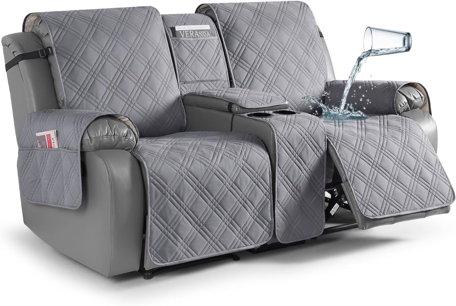 TAOCOCO Loveseat Recliner Cover with Center Console, 100% Waterproof Pet Covers for Dual Recliner with Straps Design, Split Reclining Loveseat Cover Furniture Pet&Kids Protector (2 Seater, Gray)