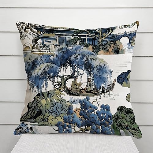Vista 3 de ArogGeld Chinoiserie - Fundas de almohada escénicas asiáticas, estilo asiático, funda de almohada azul y verde Kelly, funda de cojín para decoración