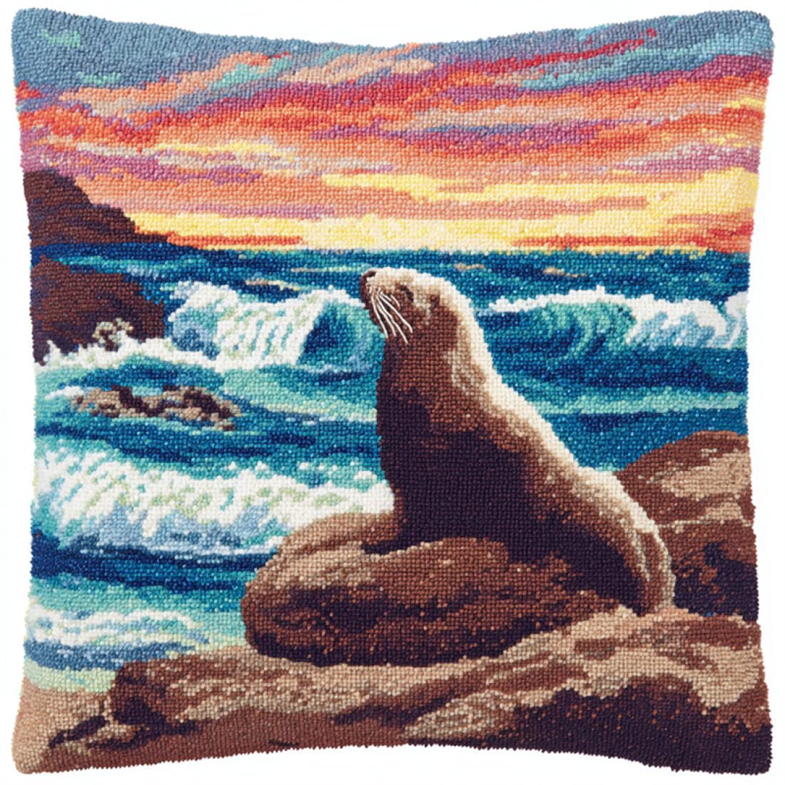 Kitquiver U Animal Cushion Making Kit Cartoon Seal Latch Hook Kit Pillow Diy Rug Crochet Hook Cushion Making Kits With Preprinted Pattern Canvas 17X17in