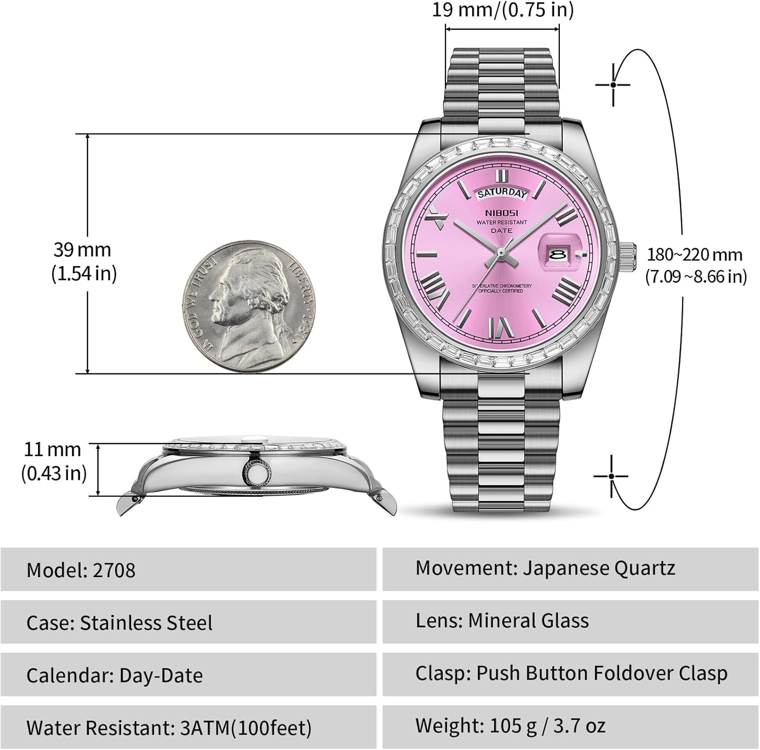 NIBOSI Men's Watches Analog Quartz Diamond Bezel Stainless Steel Dial Rose Gold Silver Watches for Men Waterproof Business Classic Dress Wrist Watch with Day Date - Image 3