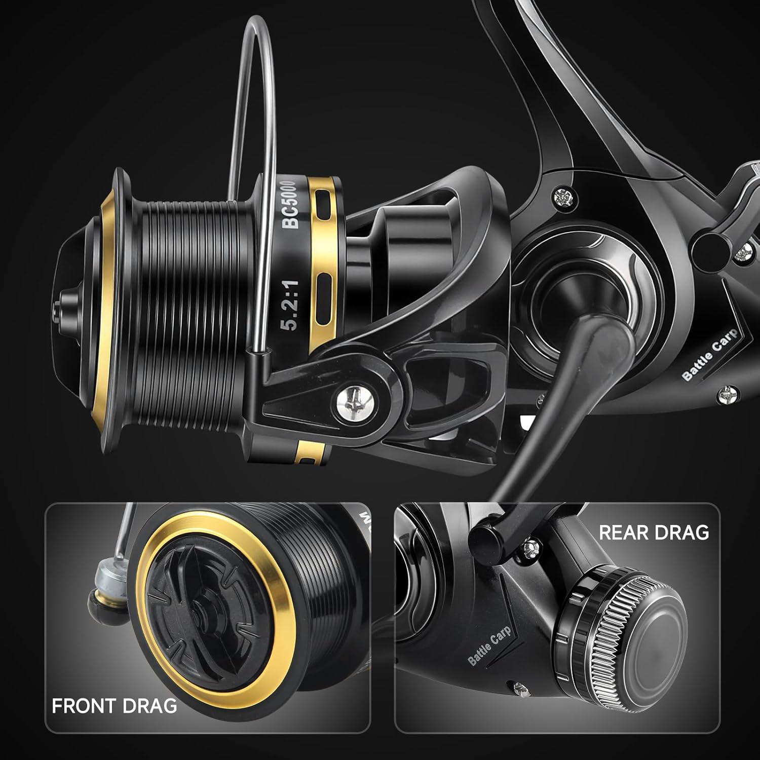 HAUT TON Battle Carp Fishing Reel, 4+1 BB Carbon Fiber Drag Spinning Reels for Saltwater Freshwater Fishing, 26.5 Lbs Powerful Max Drag Baitfeeder Fishing Reels