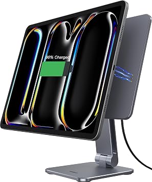 YICOSUN 35W Wireless Charging iPad Stand, Precision Magnetic Alignment & Suction Cup Base, 360 Rotating Foldable Desk Stand for Work & Business, ONLY for iPad Pro 13 M5/M4 - Gray