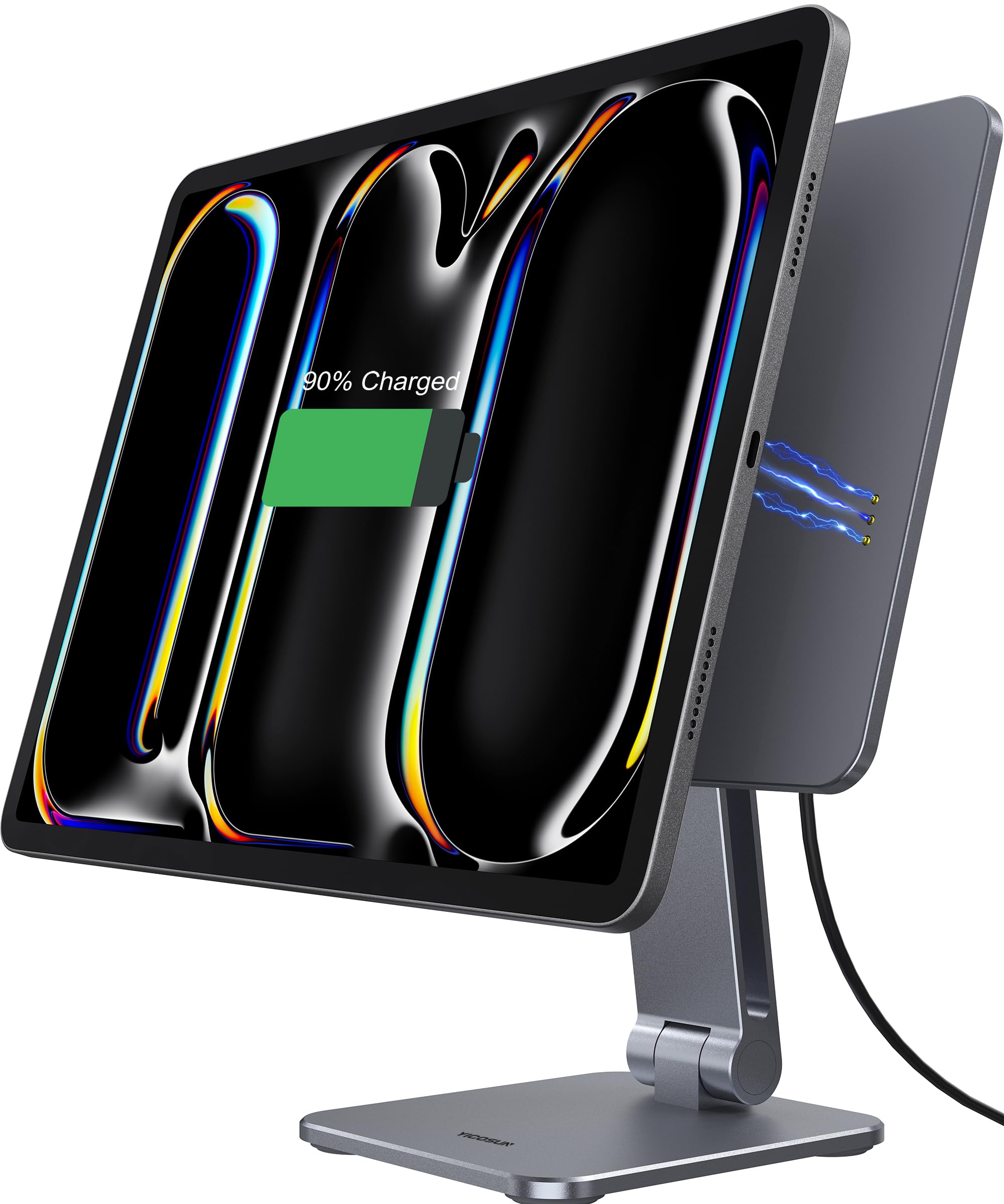 YICOSUN 35W Wireless Charging iPad Stand, Precision Magnetic Alignment & Suction Cup Base, 360° Rotating Foldable Desk Stand for Work & Business, ONLY