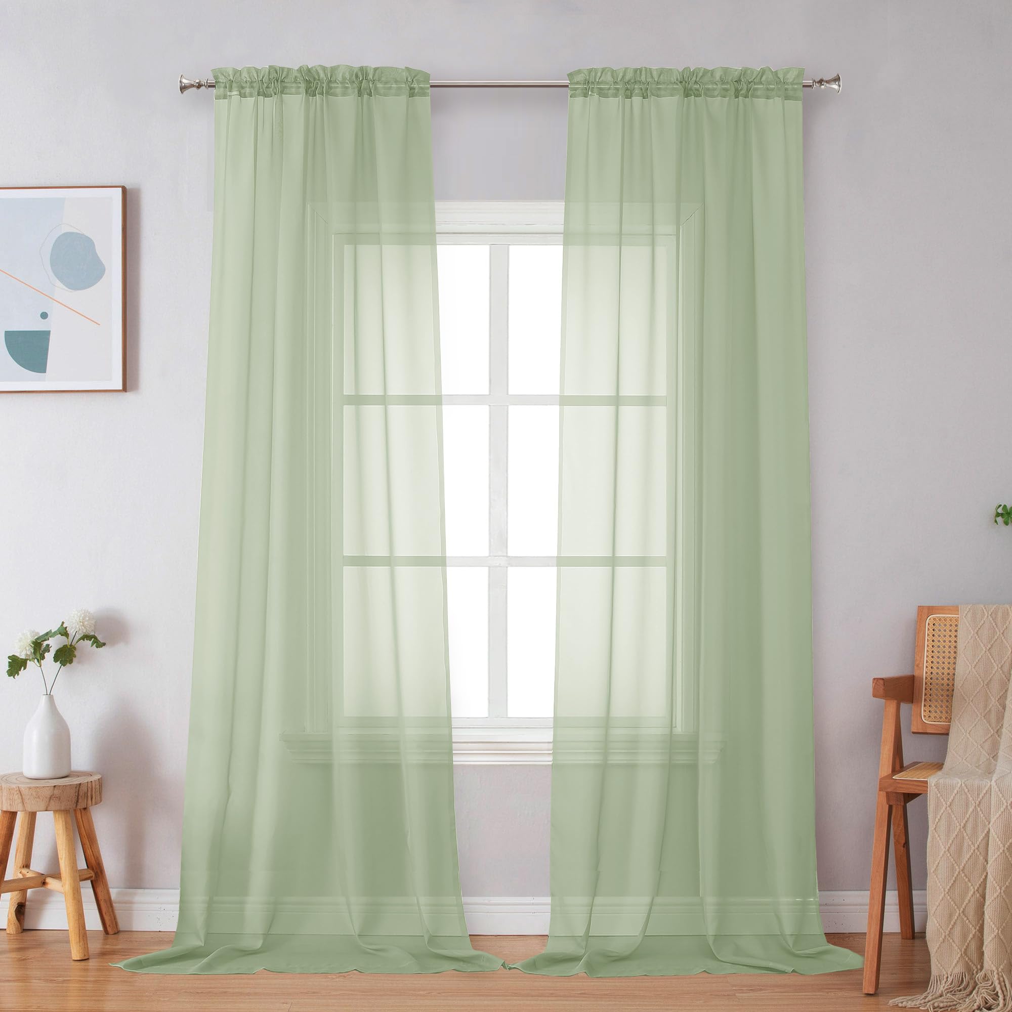 Simplebrand Light Green Sheer Curtains 96 Inches Long 2 Panels for Bedroom