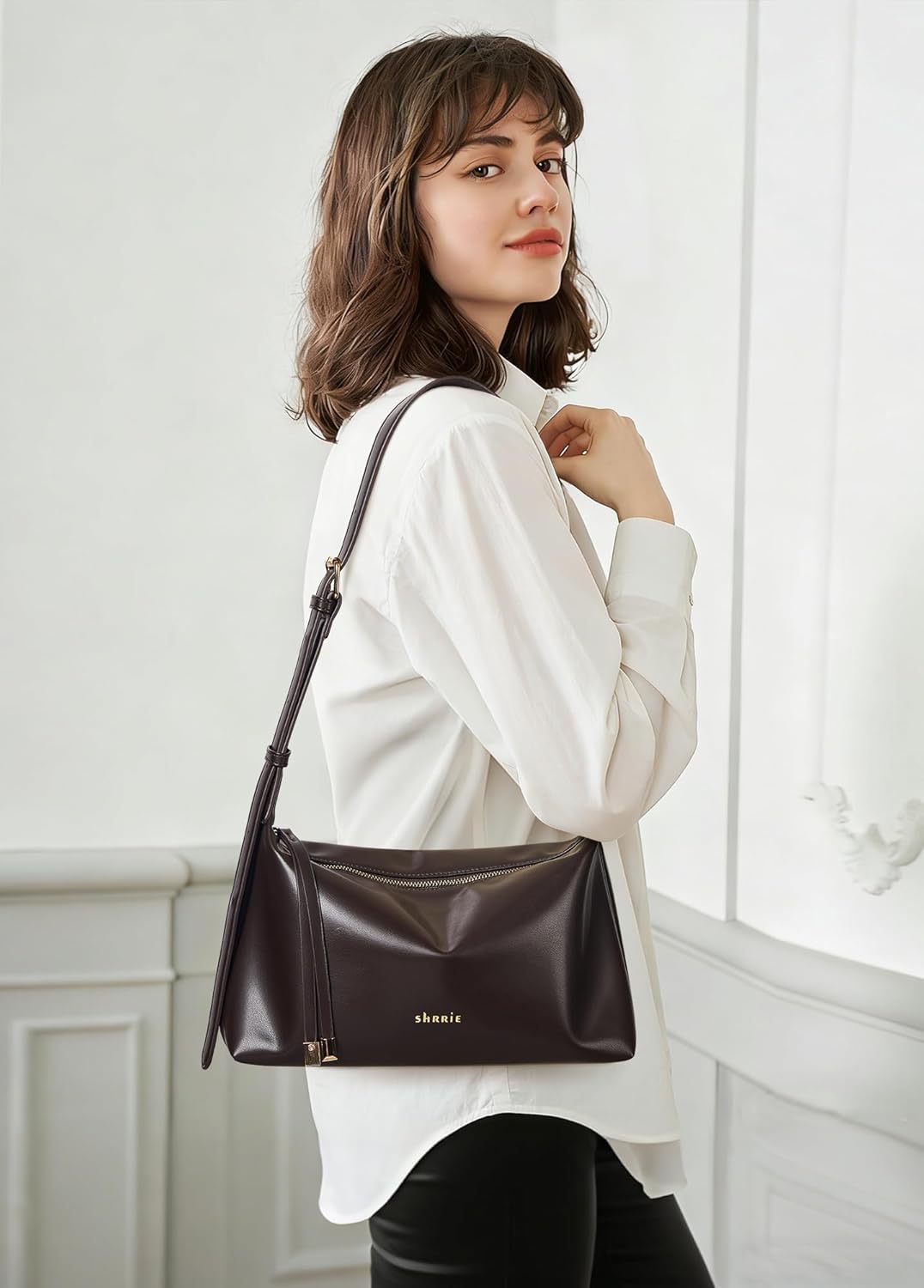 Shrrie Lightweight Shoulder Bag for Women Soft Vegan Leather Purses Shoulder Handbags with Adjustable Strap | Quilted, Triple Pocket, Wide Strap