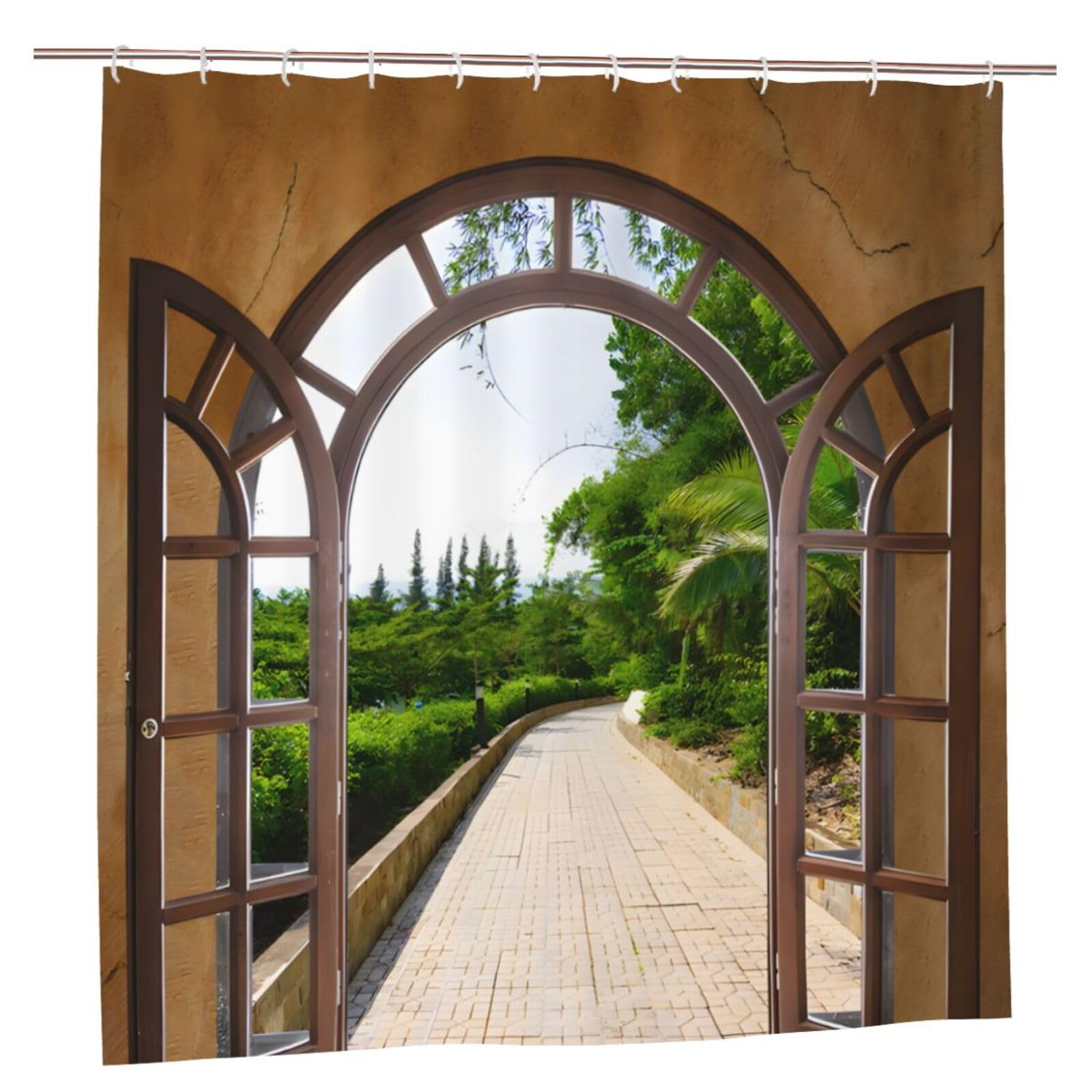 Outdoor Garden Shower Curtain, Greenery Cascading Over an Old Dry Stone Exterior Garden Wall