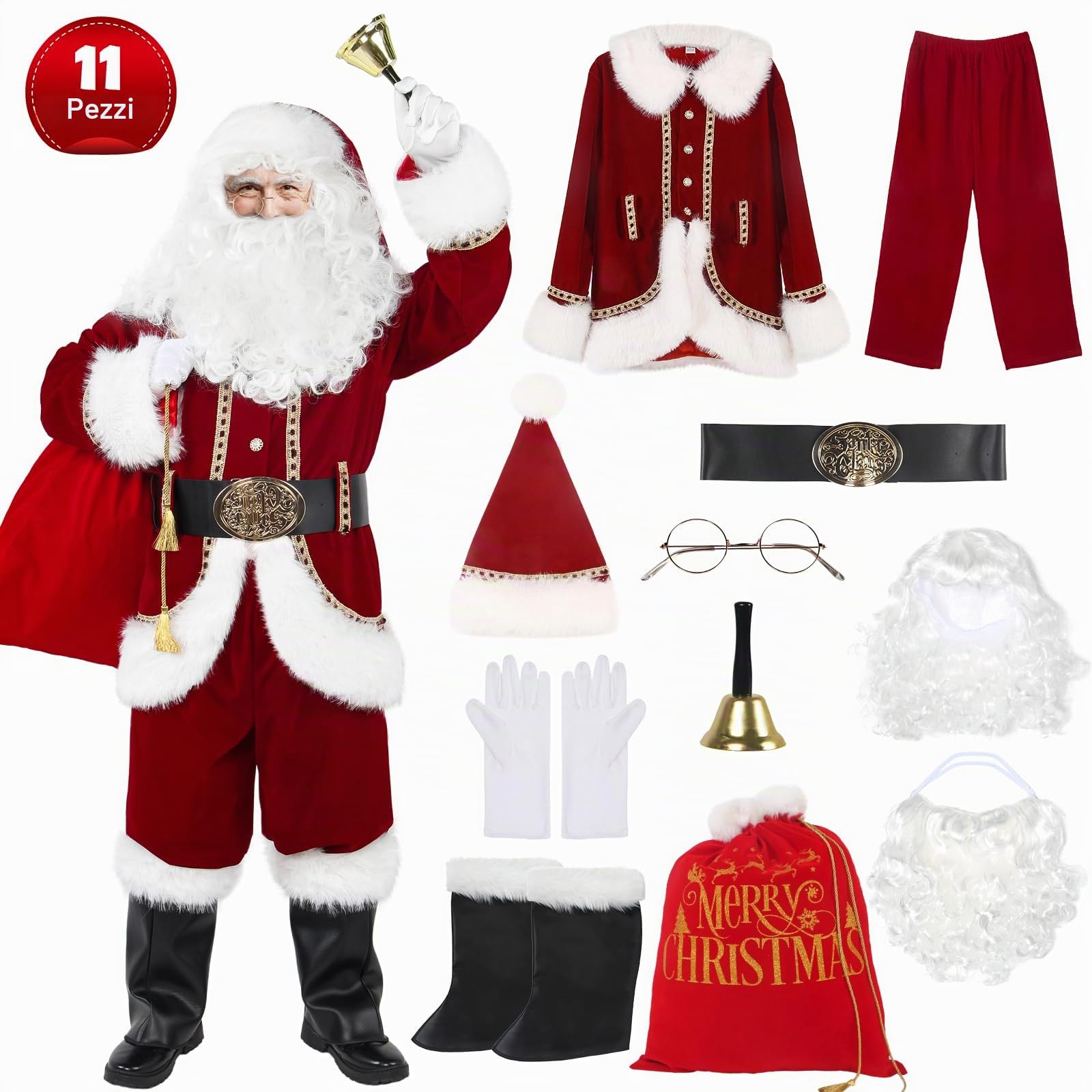 Christmas Men’s Santa Costume Set adult 11 Pcs Deluxe Santa Claus Costume Suit Velvet for Xmas Holiday Party Cosplay