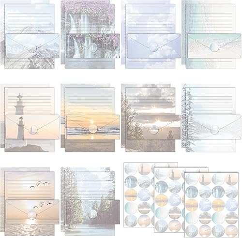 Miniatura 52 de TaoBary Juego de 160 piezas de papel de papelería, 50 papeles de papelería de doble cara con 50 sobres a juego y 60 calcomanías de puntos redondos,