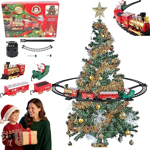 Juego de tren Juguetes de tren para niños con humo, luces y sonido, juguetes 2 en 1 para colgar alrededor del árbol, juego de lluvia en T de